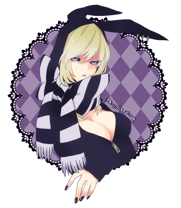 1girl, animal_ears, black_sclera, blonde_hair, blue_eyes, bow, breasts, cleavage, colored_sclera, female_focus, fuhmin, genderswap, genderswap_(mtf), jojo_no_kimyou_na_bouken, large_breasts, oketsu_fumio, rabbit_ears, risotto_nero, scarf, solo, striped_clothes, striped_scarf