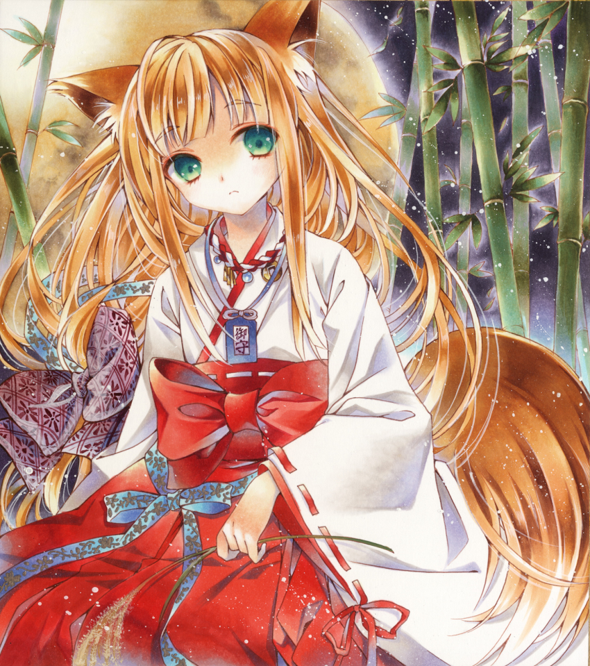 1girl, animal_ears, bad_id, bad_pixiv_id, bamboo, blonde_hair, fox_ears, fox_tail