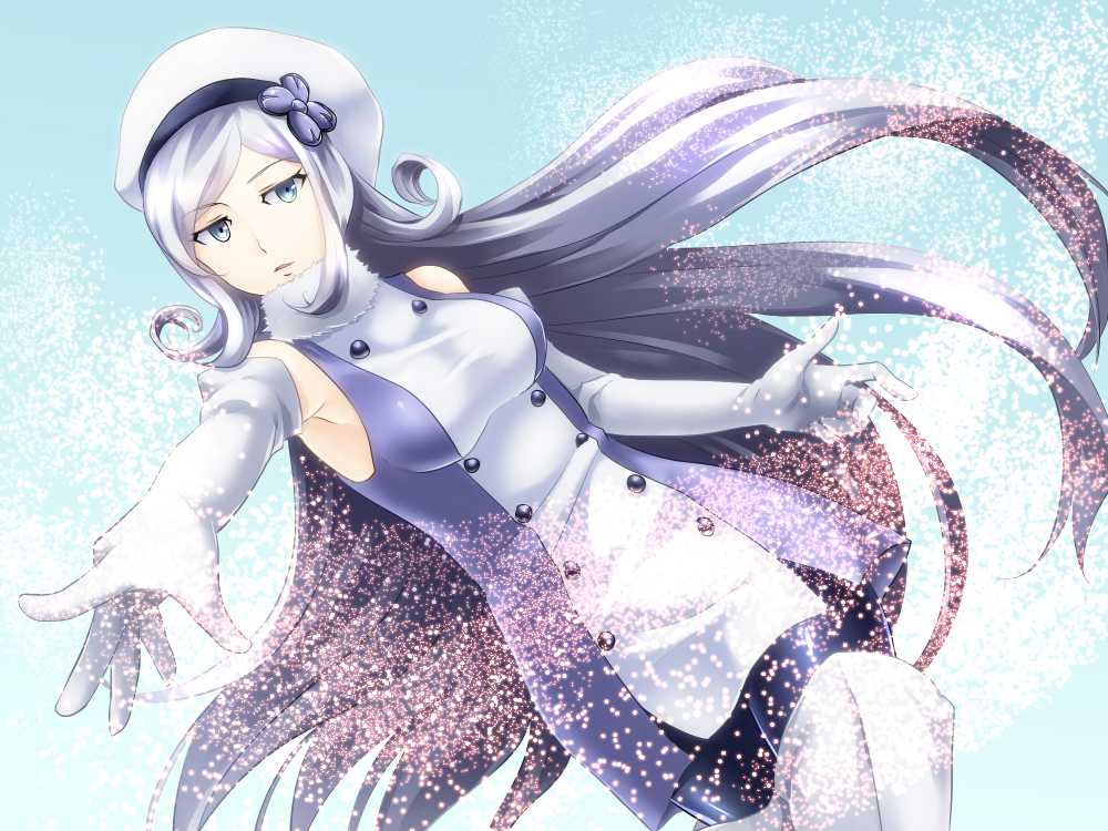 10s, 1girl, aila_jyrkiainen, armpits, bare_shoulders, black_pantyhose, blue_eyes, boots, elbow_gloves, female_focus, fur_trim, gloves, gundam, gundam_build_fighters, hat, long_hair, pantyhose, silver_hair, solo, thigh_boots, thighhighs, white_boots, white_gloves, yusei_yui, zettai_ryouiki