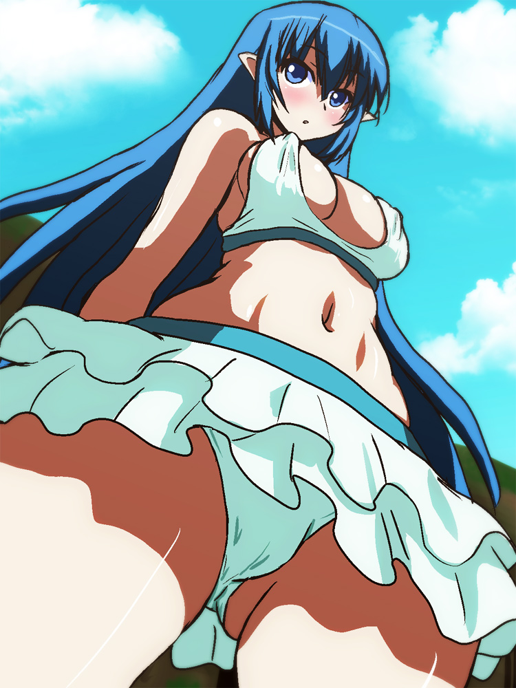 1girl, akadama, bare_shoulders, bikini, bikini_skirt, blue_eyes, blue_hair, blue_sky, blush, breasts, cloud, covered_erect_nipples, cowboy_shot, day, female_focus, from_below, hair_between_eyes, leviathan_(zettai_bouei_leviathan), long_hair, matching_hair/eyes, microskirt, navel, outdoors, parted_lips, pointy_ears, skirt, sky, solo, standing, swimsuit, tankini, upskirt, white_bikini, zettai_bouei_leviathan