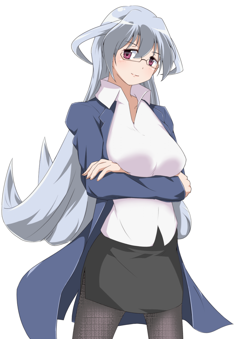 10s, 1girl, atago_masae, black_pantyhose, blouse, blue_hair, blush, breast_hold