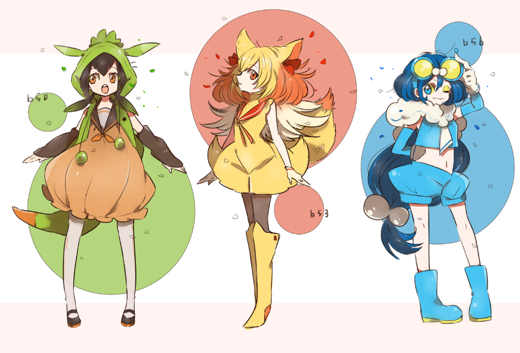 3girls, black_hair, blonde_hair, blue_eyes, blue_hair, chespin, cosplay, fennekin, froakie, gen_6_pokemon, gloves, goggles, goggles_on_head, humanization, long_hair, mam233, multiple_girls, nintendo, numbered, one_eye_closed, pantyhose, personification, pokemon, pokemon_x_and_y, red_eyes, starter_pokemon_trio, wink