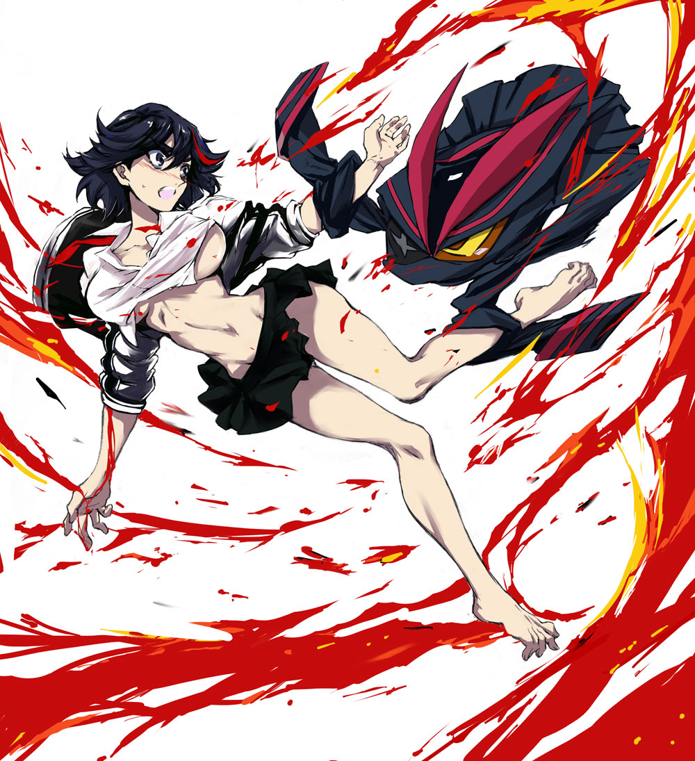 10s, 1girl, arm_grab, barefoot, black_hair, blood, blush, breasts, female_focus, kill_la_kill, leg_hold, living_clothes, matoi_ryuuko, navel, senketsu, short_hair, skirt, solo, underboob, you_(pisan)