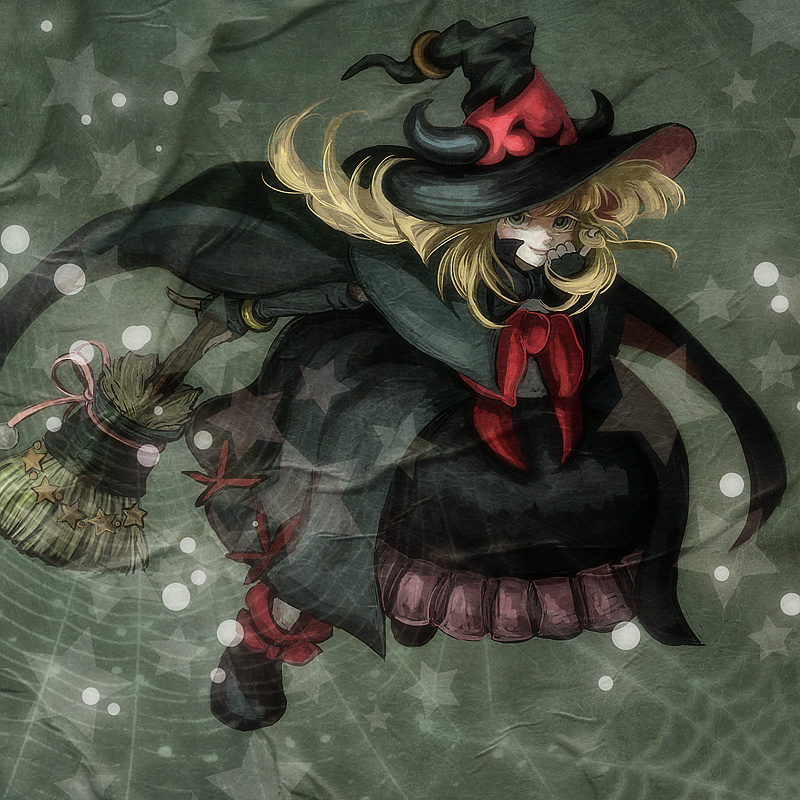 1girl, bad_id, bad_pixiv_id, blonde_hair, broom, dress, duel_monster, fingerless_gloves