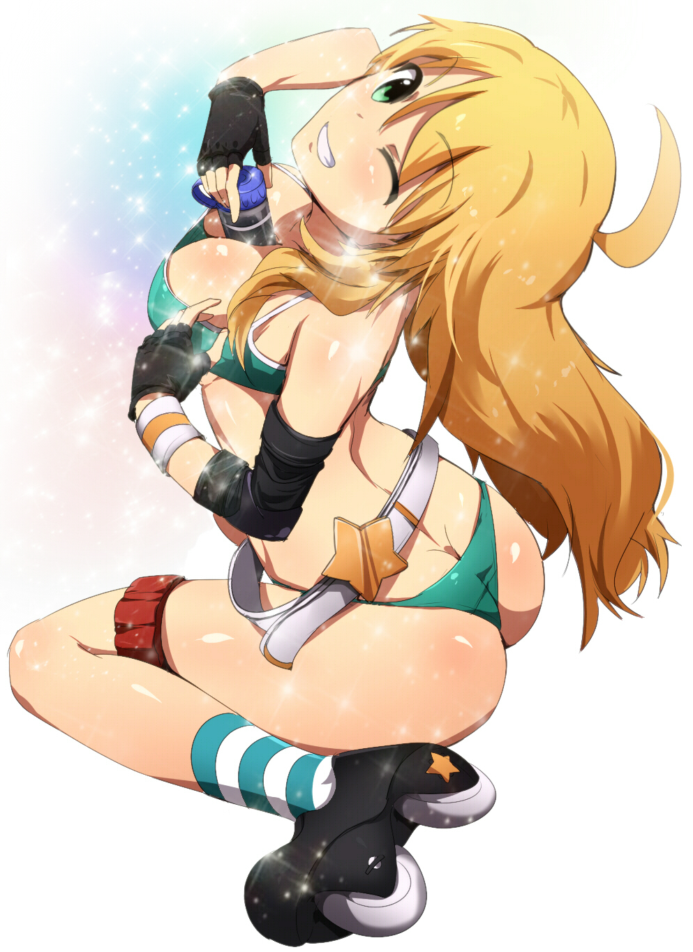 1girl, ahoge, ass, bare_shoulders, belt, between_breasts, bikini, black_gloves, blonde_hair, blush, breasts, butt_crack, cleavage, collarbone, dimples_of_venus, dot_nose, female_focus, fingerless_gloves, from_above, gloves, green_bikini, green_eyes, hair_over_shoulder, highres, hoshii_miki, idolmaster, idolmaster_(classic), large_breasts, long_hair, looking_at_viewer, magukappu, one_eye_closed, reaching_into_cleavage, roller_skates, shiny_skin, simple_background, sitting, skates, smile, socks, solo, sparkle, spread_legs, striped_clothes, striped_socks, swimsuit, teeth, thigh_strap, thong, thong_bikini, wariza, wink, wristband