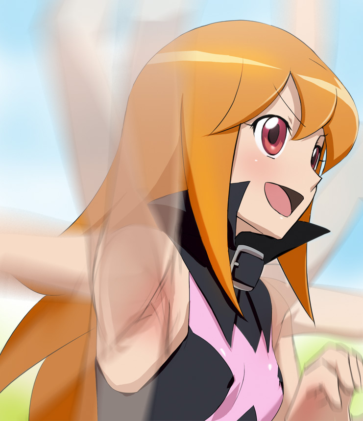 1girl, armpits, belt, female_focus, haruyama_kazunori, kuromajo-san_ga_tooru!!, long_hair, motion_blur
