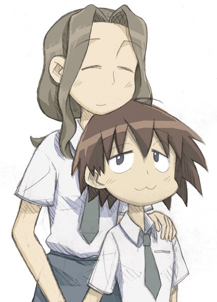 00s, 2girls, :3, closed_eyes, kurihara_nagisa, multiple_girls, necktie, resolution_mismatch