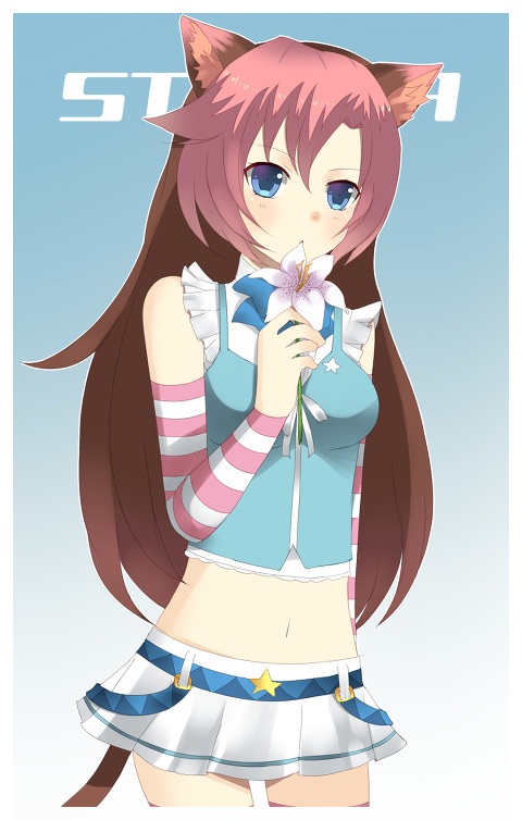 1girl, animal_ears, blue_eyes, blue_shirt, blue_theme, blush, brown_hair, brown_theme, cat_ears, cat_girl, cat_tail, cowboy_shot, female_focus, flower, hoshine_stella, lily_(flower), long_hair, microskirt, midriff, multicolored_hair, pink_hair, pink_theme, plant, pleated_skirt, saru_to_yami, shirt, skirt, solo, standing, star_(symbol), tail, utau, white_theme