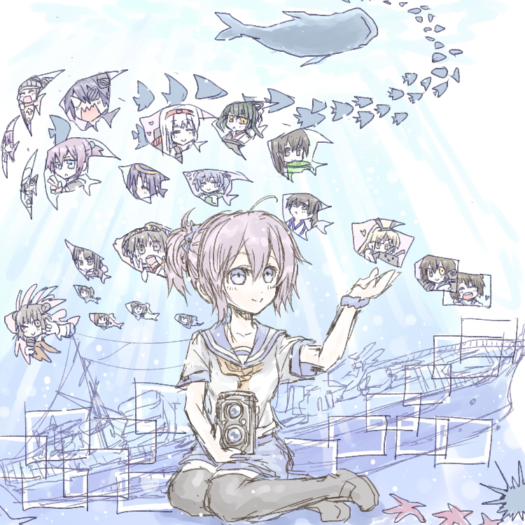 10s, 6+girls, :>, :<, =_=, ahoge, akagi_(kancolle), animal