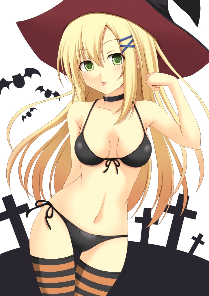 1girl, :p, bikini, black_bikini, blonde_hair, collar, female_focus, green_eyes