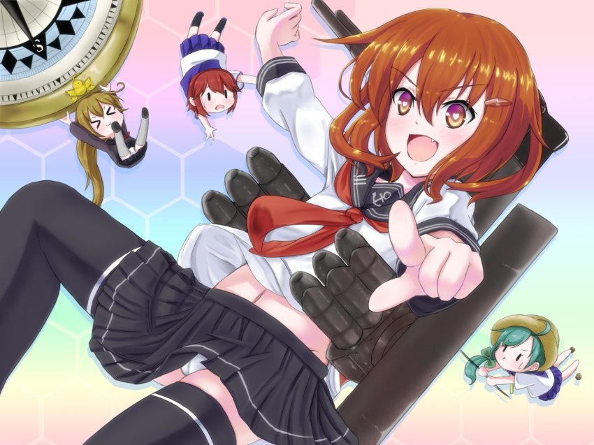 10s, 12.7cm_twin_gun_mount, 4girls, 61cm_triple_torpedo_mount, baby_animal, bird, chibi, chick