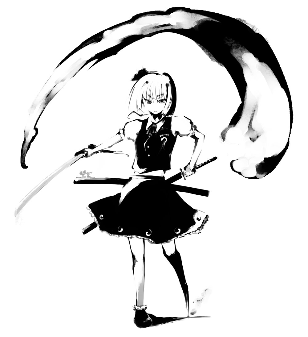 1girl, bob_cut, female_focus, full_body, greyscale, high_contrast, hitodama, katana