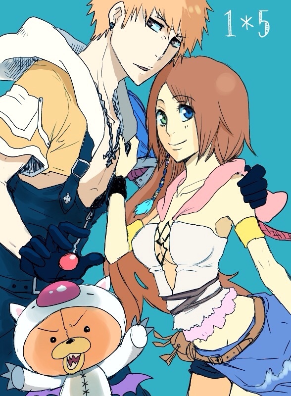 1boy, 1girl, bleach, cosplay, final_fantasy, final_fantasy_x, inoue_orihime, kurosaki_ichigo, meitarou, moogle, moogle_(cosplay), voice_actor_connection, shueisha, square_enix, tagme, tidus, tidus_(cosplay), yuna, yuna_(cosplay)