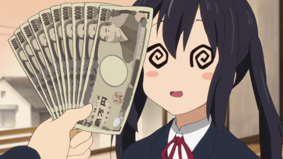 1girl, @_@, animated, animated_gif, third-party_edit, fistful_of_yen, houbunsha, k-on!, money, nakano_azusa, screencap