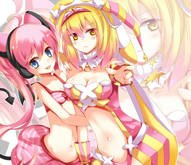 2girls, ahoge, animal_ears, bare_shoulders, beatmania_iidx, beatmania_iidx_20_tricoro, bemani, blonde_hair