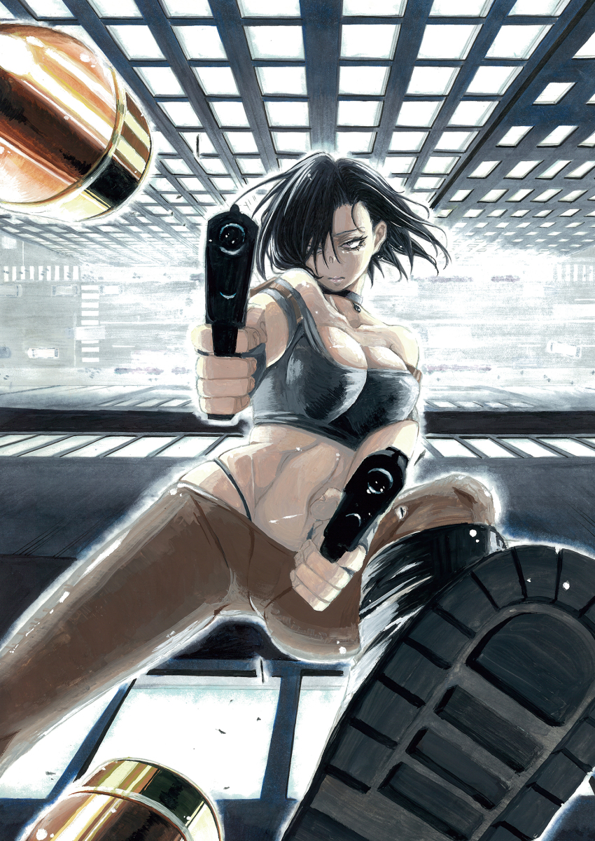 1girl, abs, artist_request, black_hair, boots, building, bullet, bullet_time