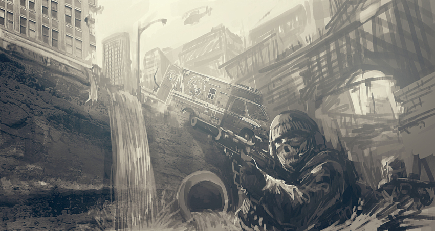 2boys, aiming, aircraft, ambulance, assault_rifle, balaclava, building, call_of_duty