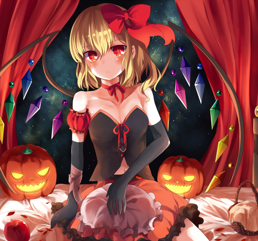 1girl, apple, bare_shoulders, black_gloves, blonde_hair, bow, choker, collarbone