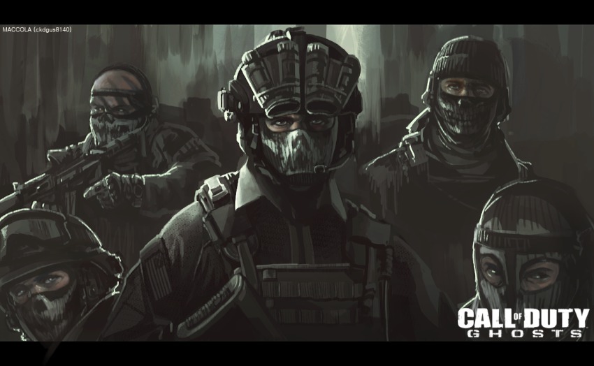 5boys, assault_rifle, balaclava, bald, blue_eyes, call_of_duty, call_of_duty:_ghosts, call_of_duty:ghosts, facepaint, gloves, goggles, gun, headgear, helmet, letterboxed, looking_at_viewer, mac_cola, male_focus, mask, military, military_uniform, multiple_boys, realistic, rifle, signature, skull, sniper_rifle, soldier, tribal, united_states, vest, watch, weapon