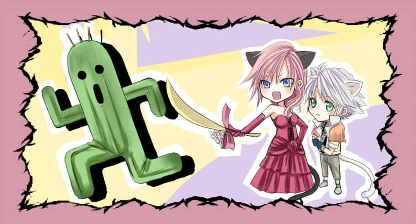 10s, 1boy, 1girl, animal_ears, cat_ears, dress, final_fantasy, final_fantasy_xiii, hope_estheim, lightning_farron, lightning_returns:_final_fantasy_xiii, long_hair, mf_(mizukif), open_mouth, pink_hair, sabotender, short_hair, standing, sword, weapon