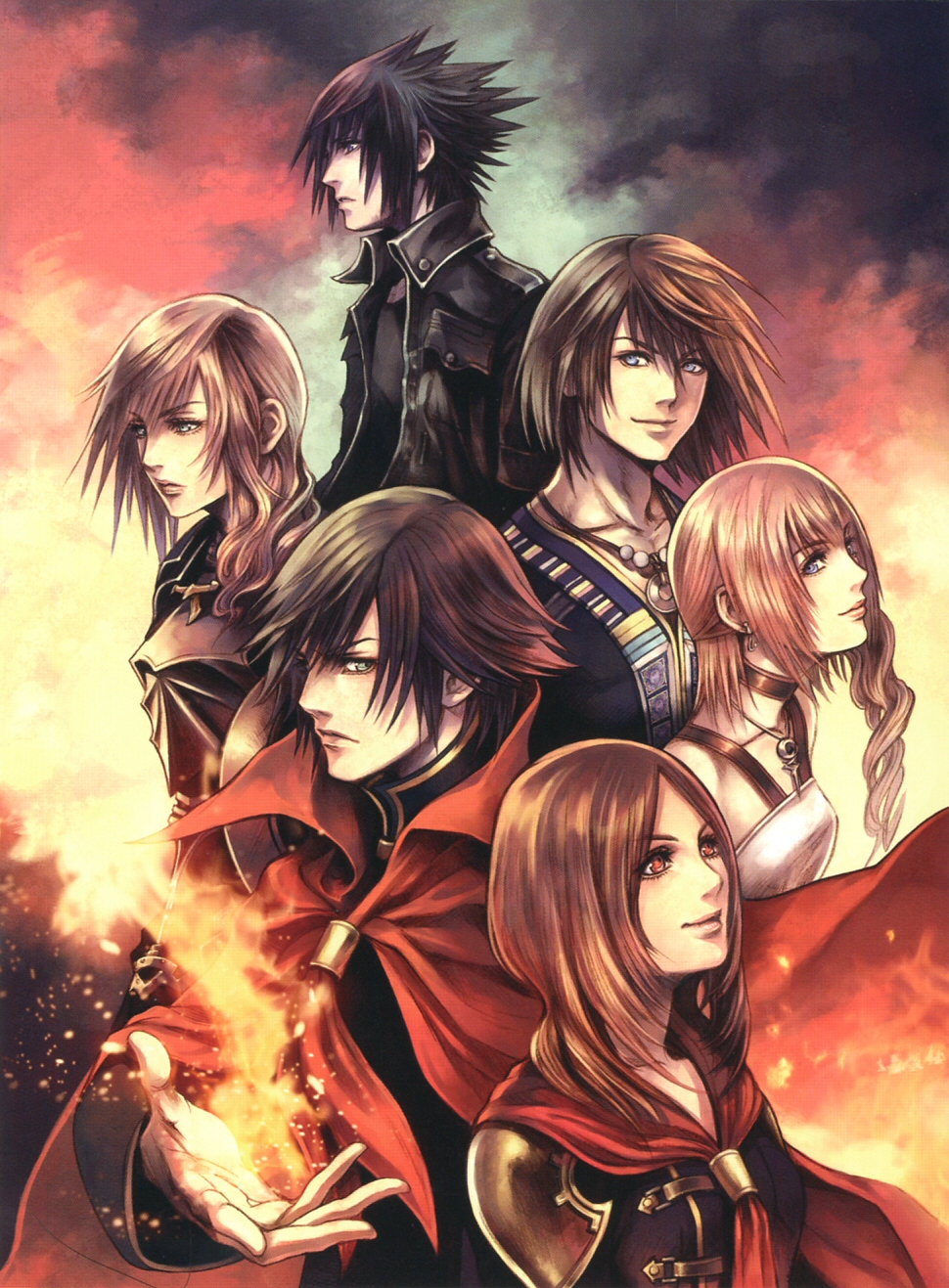 10s, final_fantasy, final_fantasy_type-0, final_fantasy_xiii, final_fantasy_xiii-2, final_fantasy_xv, highres, lightning_farron, machina_kunagiri, noctis_lucis_caelum, noel_kreiss, nomura_tetsuya, official_art, rem_tokimiya, serah_farron