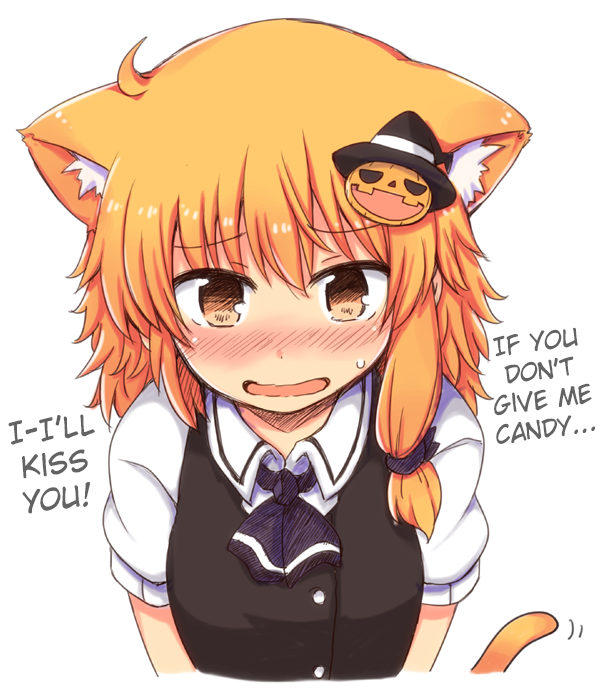 1girl, animal_ears, ascot, black_dress, blonde_hair, blush, brown_eyes, cat_ears, cat_tail, dress, female_focus, hair_ornament, hairclip, halloween, hard-translated, hat, jack-o'-lantern, kemonomimi_mode, kirisame_marisa, lock_heart_(juuryokudou), missing_headwear, open_mouth, puffy_sleeves, shirt, short_sleeves, simple_background, solo, tail, third-party_edit, touhou, translated, white_background, witch_hat