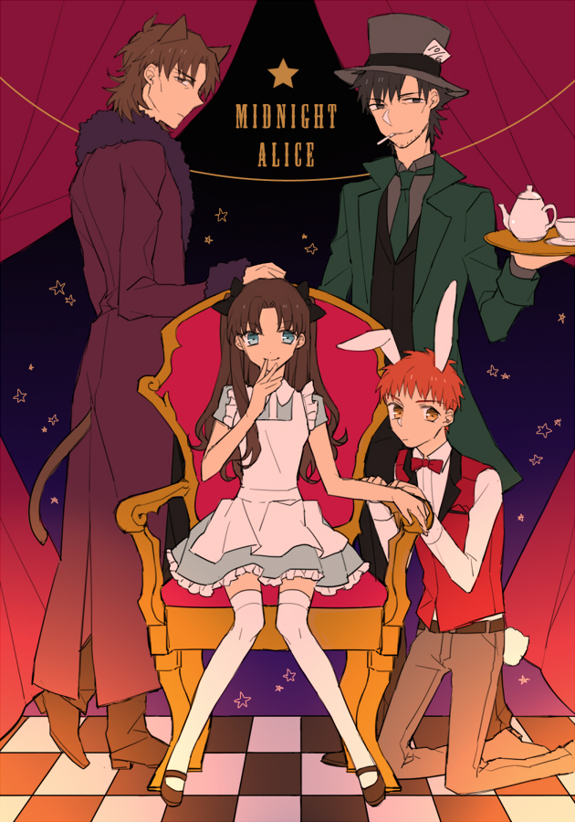 1girl, 3boys, alice_(alice_in_wonderland), alice_(alice_in_wonderland)_(cosplay), alice's_adventures_in_wonderland, animal_ears, black_hair, brown_hair