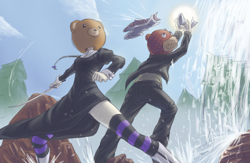 00s, 1boy, 1girl, bear_head, black_hair, braid, cross, crossover, fish, forest, formal_clothes, habit, jiffic, katana, long_hair, nature, nun, purple_thighhighs, salmon_(fish), shinatsuhiko_yae, side_slit, single_braid, soul_eater, suit, sword, tezca_tlipoca, thighhighs, water, waterfall, weapon, what, wrist_cuffs, yozakura_quartet