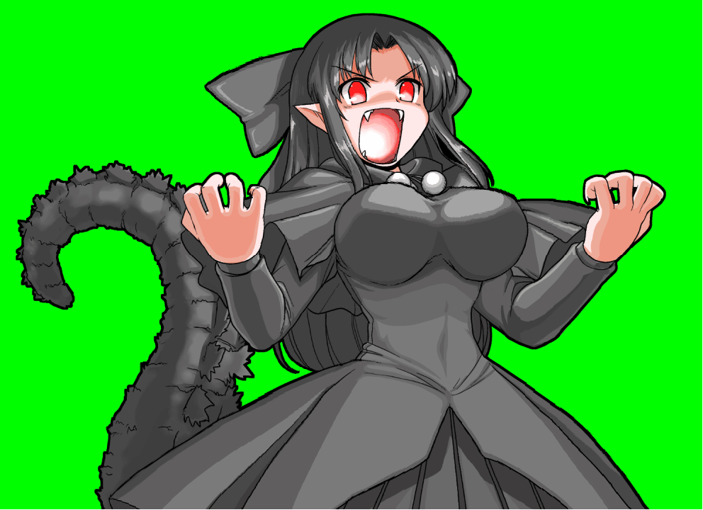 00s, 1girl, animated, animated_gif, black_dress, black_hair, bouncing_breasts, bow, breasts, dress, fangs, female_focus, fusion, godzilla, godzilla_(series), gojiren, green_background, hair_bow, impossible_clothes, impossible_shirt, large_breasts, len_(tsukihime), long_hair, m.u.g.e.n, melty_blood, mono_(moiky), open_mouth, personification, pointy_ears, red_eyes, reptile, shirt, simple_background, solo, tail, tsukihime