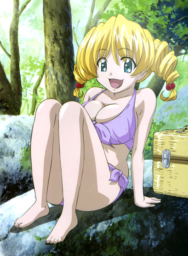 1girl, :d, arm_support, barefoot, basket, bikini, blonde_hair, blue_eyes, breasts, bursting_breasts, cleavage, cropped, day, drill_hair, feet, female_focus, forest, front-tie_bikini_top, front-tie_top, full_body, hair_bobbles, hair_ornament, happy, huge_breasts, isokawa_nina, large_breasts, looking_at_viewer, megami_magazine, moss, nature, non-web_source, ochi_shinji, official_art, open_mouth, outdoors, picnic_basket, purple_bikini, rock, shadow, side-tie_bikini_bottom, sitting, smile, solo, swimsuit, tona-gura!, tree, twin_drills, twintails