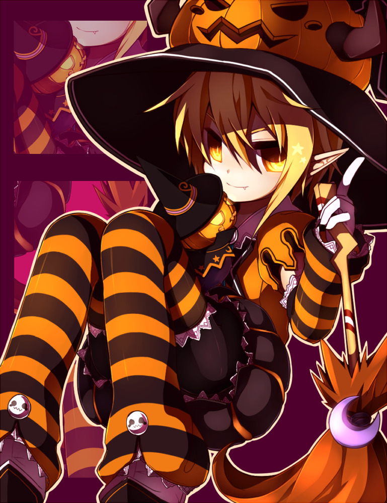 1boy, afin, blonde_hair, broom, diort, elf, fang, halloween, male_focus, newman, phantasy_star, phantasy_star_online, phantasy_star_online_2, pointy_ears, pumpkin, smile, solo, striped_legwear, yellow_eyes