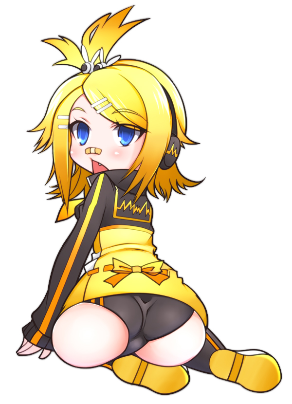 1girl, ass, bandaid, black_panties, blonde_hair, blue_eyes, blush, bow, fang, female_focus, from_behind, hair_ornament, headphones, jacket, kagamine_rin, kagamine_rin_(stylish_energy), looking_at_viewer, looking_back, niwakaame_(amayadori), open_mouth, panties, project_diva_(series), project_diva_f, short_hair, simple_background, sitting, solo, stylish_energy_(vocaloid), underwear, vocaloid, white_background