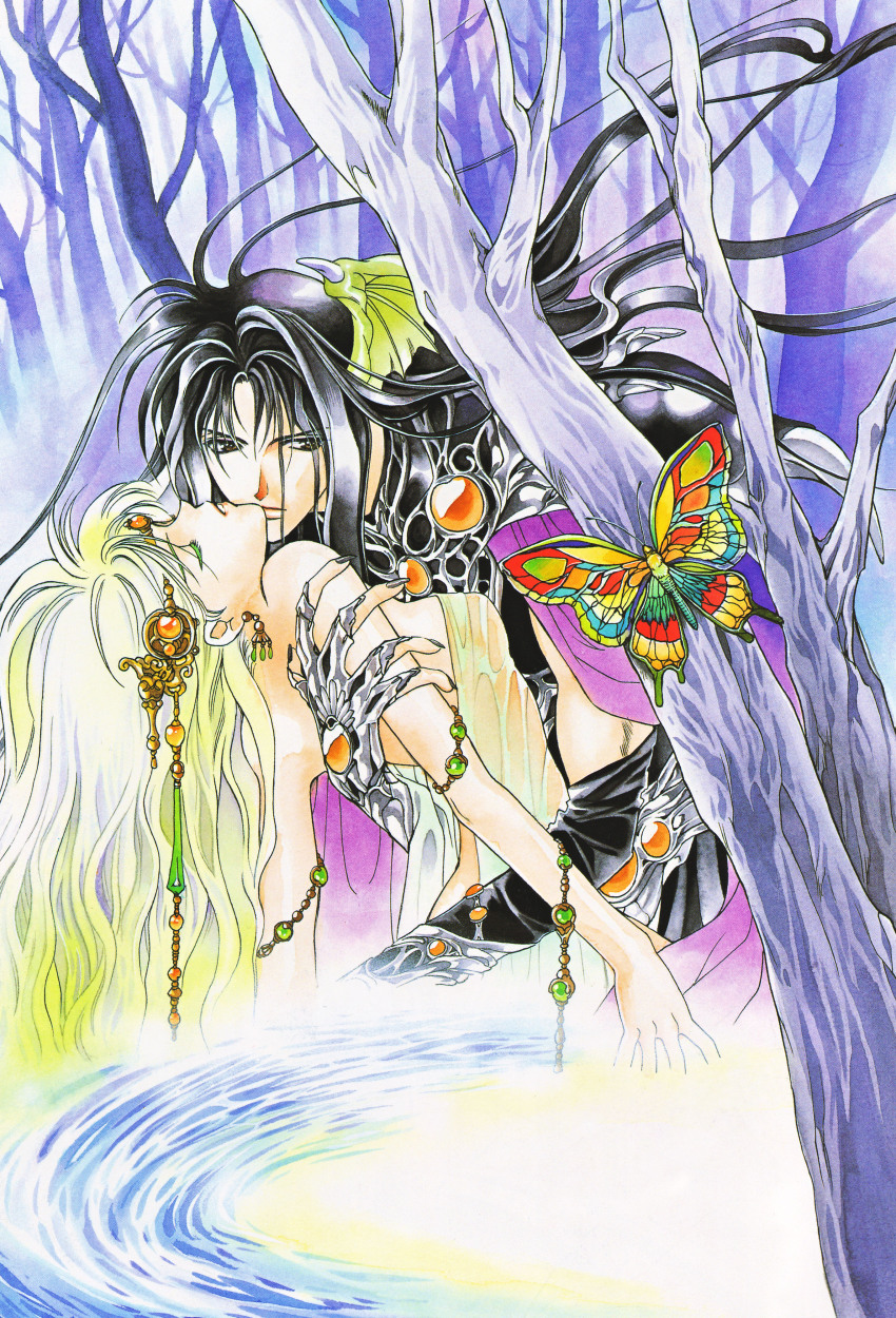 absurdres, armor, bat_wings, black_hair, blonde_hair, brown_eyes, bug, butterfly, couple, closed_eyes, highres, hilda_(seimaden), jewelry, laures, see-through_clothes, seimaden, tagme, tree, water, wings