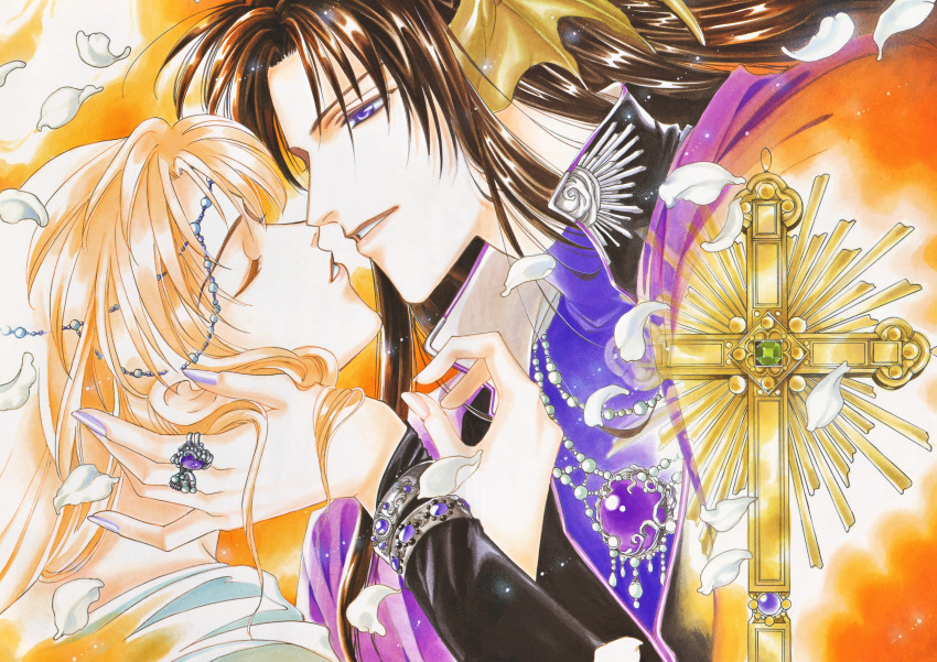 absurdres, bat_wings, brown_hair, couple, closed_eyes, highres, hilda_(seimaden), jewelry