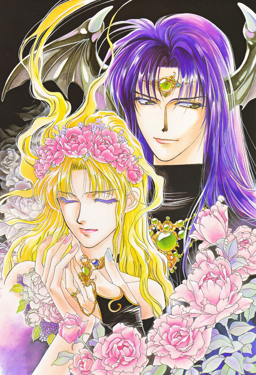 absurdres, bat_wings, blonde_hair, couple, closed_eyes, flower, highres, hilda_(seimaden)