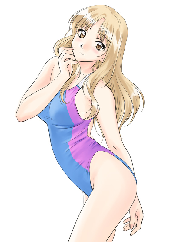 1990s_(style), 1girl, arm_behind_back, blonde_hair, blush, brown_eyes, competition_swimsuit, endou_akira, female_focus, hand_on_own_chin, long_hair, looking_at_viewer, one-piece_swimsuit, polorinken, retro_artstyle, sentimental_graffiti, simple_background, smile, solo, swimsuit, white_background