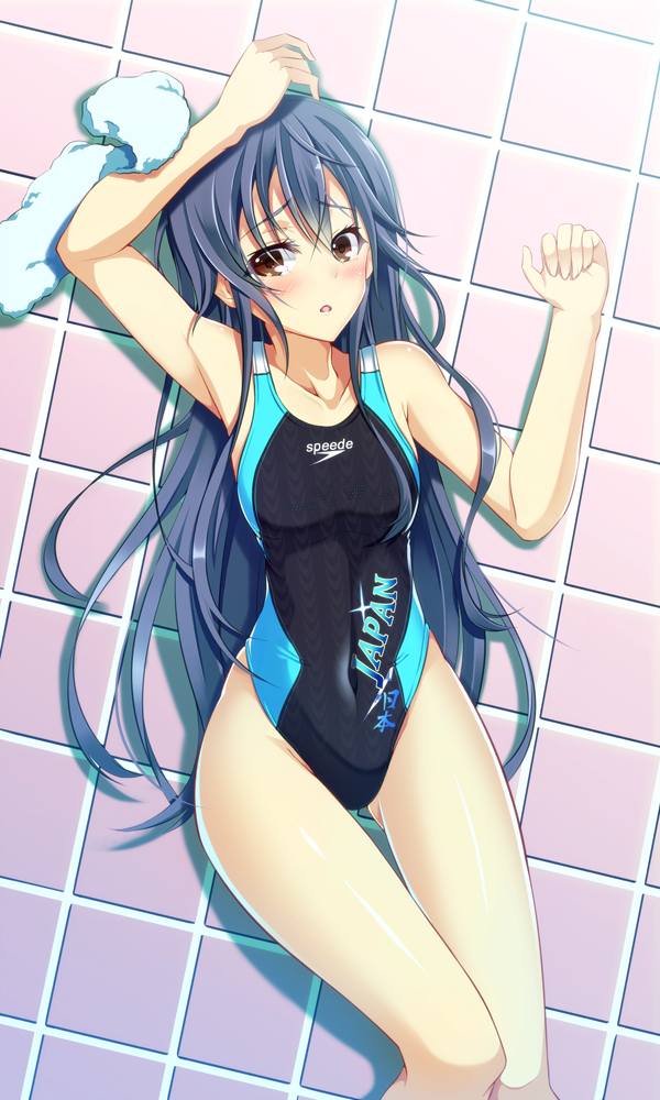 1girl, black_hair, brand_name_imitation, brown_eyes, competition_swimsuit, eba_yuzuki, kazeoto_kirito, kimi_no_iru_machi