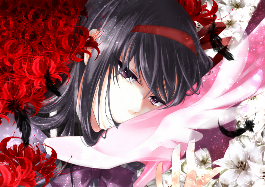 10s, 1girl, akemi_homura, akemi_homura_(magical_girl), black_hair, bow, close-up, covering_own_mouth, feathers, flower, foot_worship, hair_ribbon, hairband, high_heels, jamu, kaname_madoka, kissing_foot, looking_at_viewer, mahou_shoujo_madoka_magica, mahou_shoujo_madoka_magica_(anime), red_flower, ribbon, solo_focus, spider_lily, ultimate_madoka, uppercut, yuri