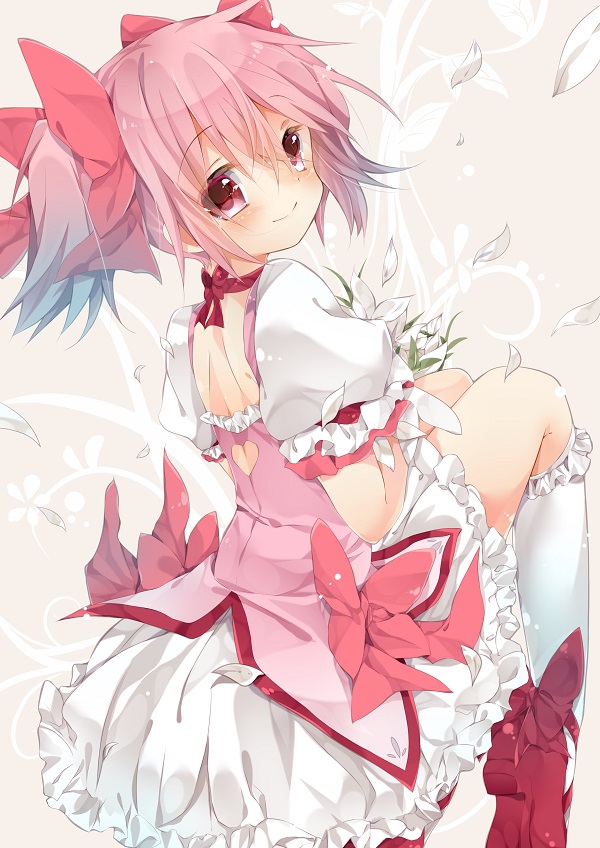 10s, 1girl, braid, choker, female_focus, hair_ribbon, kaname_madoka, kazato_fuuchi
