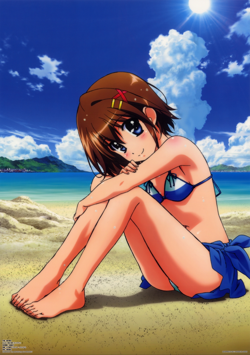 00s, 1girl, absurdres, barefoot, beach, bikini, blue_bikini, blue_eyes, blush, brown_hair, cloud, day, feet, female_focus, hair_ornament, hairclip, hashimoto_takayoshi, highres, hugging_own_legs, looking_at_viewer, lyrical_nanoha, mahou_shoujo_lyrical_nanoha, navel, ocean, official_art, outdoors, sarong, scan, shiny_skin, short_hair, siki_(purple_software), sitting, sky, smile, solo, sun, swimsuit, toes, x_hair_ornament, yagami_hayate