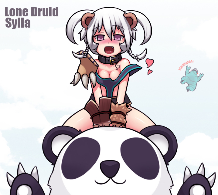 1girl, aged_down, animal_ears, bear_ears, blush, claws, collar, dota_(series), dota_2, genderswap, genderswap_(mtf), lone_druid_(dota), no_bra, panda, purple_eyes, rabbitbrush, short_twintails, tidehunter_(dota), twintails, white_hair