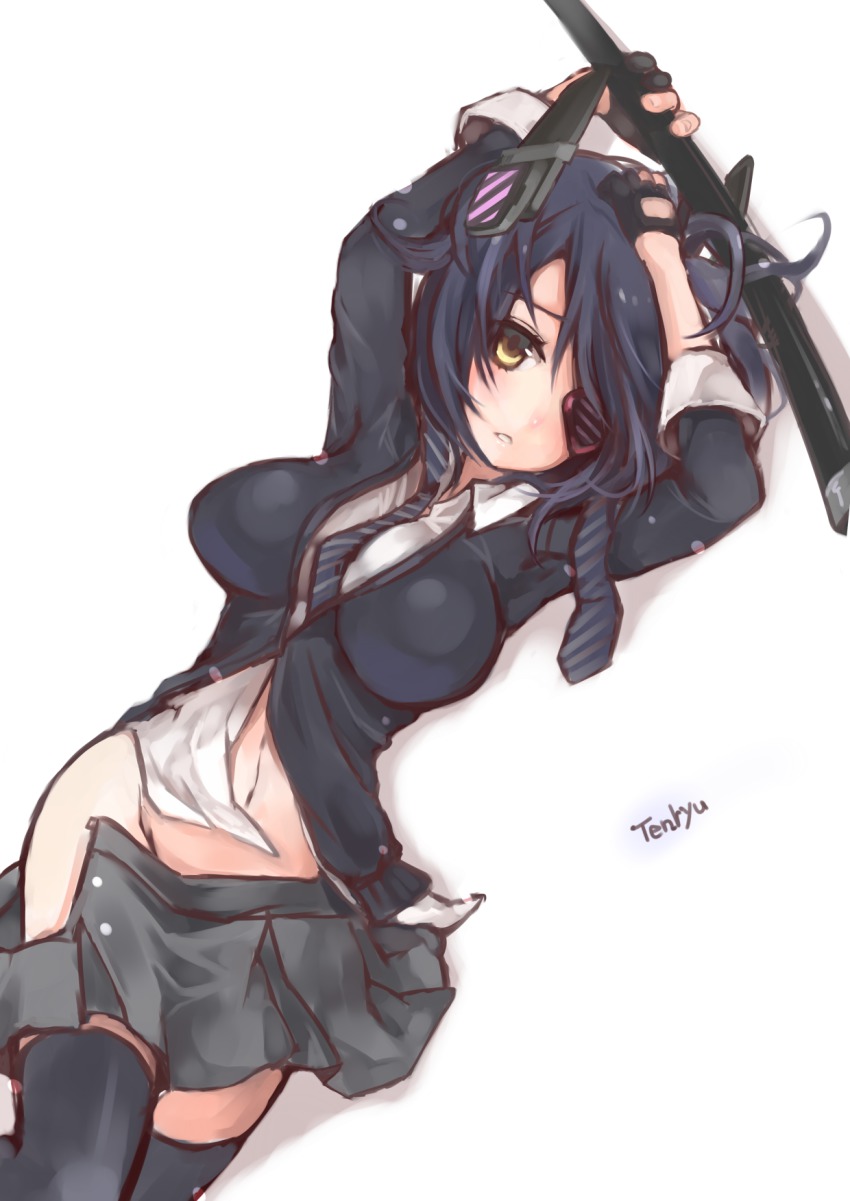 10s, 1girl, bad_id, bad_pixiv_id, black_hair, blush, breasts, eyepatch