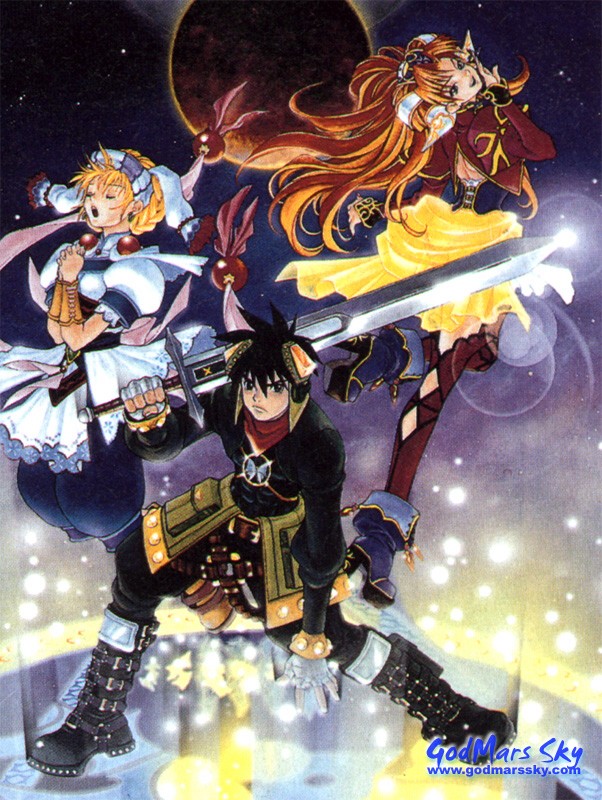 1boy, 2girls, blonde_hair, blue_footwear, boots, elena_(grandia), game_arts, grandia
