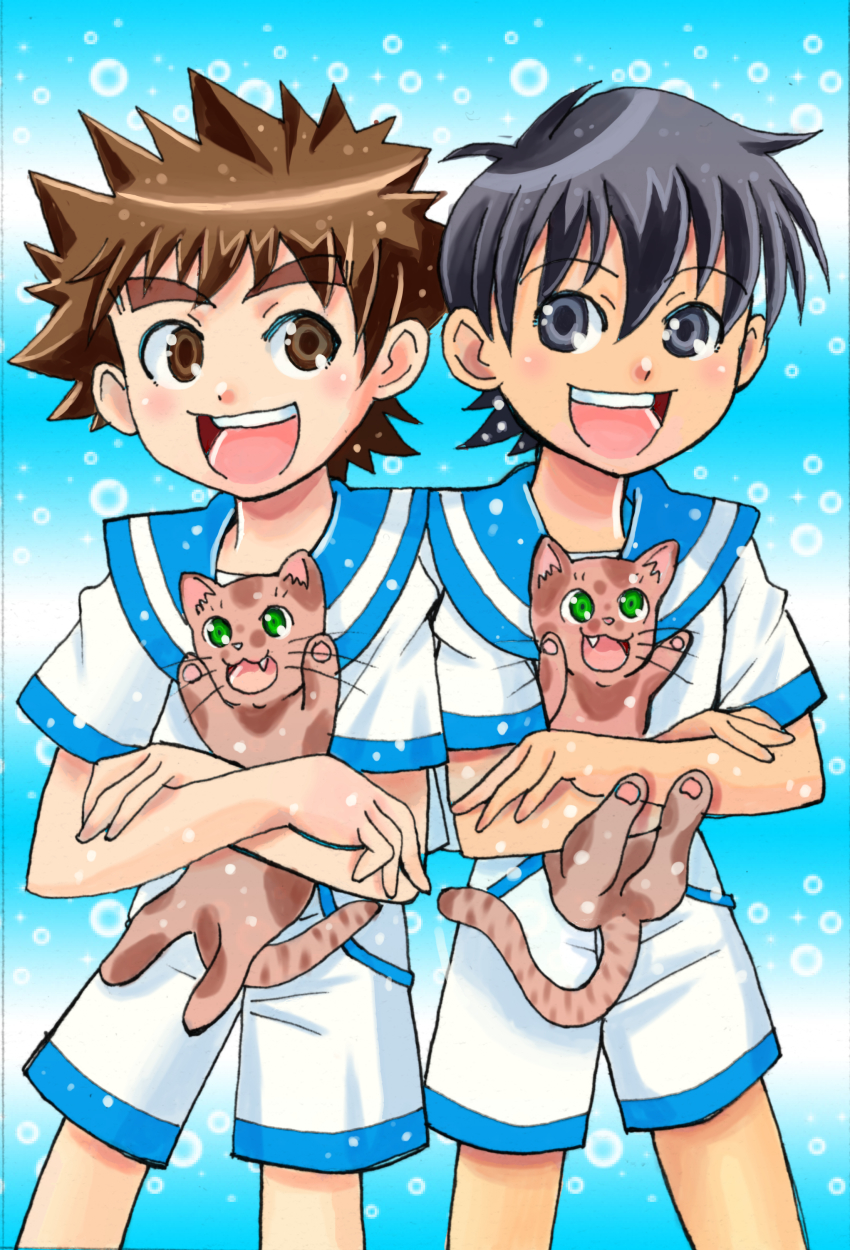 2boys, absurdres, blush, cat, child, highres, looking_at_viewer, male_focus, multiple_boys, multiple_cats, occhii, shirt, shorts, smile, standing, t-shirt, tagme