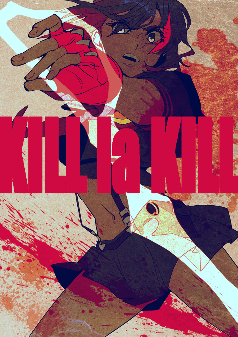 10s, 1girl, asukasuka, bad_id, bad_pixiv_id, blood, female_focus, gloves, kill_la_kill, matoi_ryuuko, midriff, multicolored_hair, navel, school_uniform, scissor_blade_(kill_la_kill), senketsu, single_glove, skirt, solo, suspenders, sword, two-tone_hair, urakata_hajime, weapon