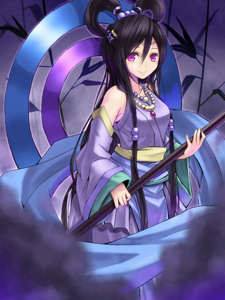 1girl, black_hair, detached_sleeves, izanami_(p&amp;d), long_hair, okeriba, purple_eyes, puzzle_&amp;_dragons