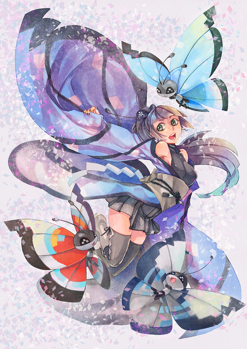 10s, 1girl, bad_id, bare_shoulders, creature_and_personification, gen_6_pokemon, green_eyes, hair_ornament