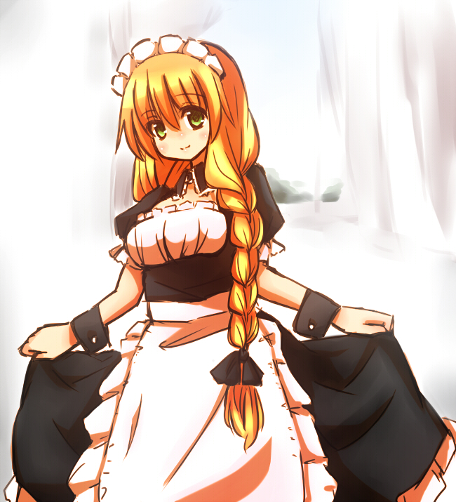 00s, 1girl, blonde_hair, braid, curtains, female_focus, green_eyes, holding