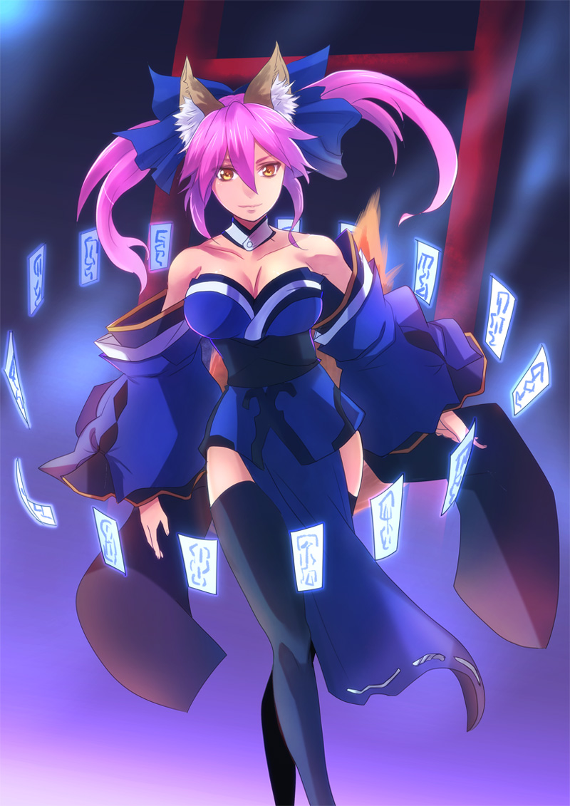10s, 1girl, animal_ears, bad_id, bad_pixiv_id, bare_shoulders, blue_thighhighs, bow, breasts, choker, cleavage, clog_sandals, detached_sleeves, fate/extra, fate_(series), female_focus, fox_ears, fox_tail, hair_bow, hair_ribbon, japanese_clothes, large_breasts, nanasi69, obi, ofuda, pink_hair, ribbon, sash, smile, solo, tail, tamamo_no_mae_(fate), thighhighs, torii, twintails, yellow_eyes