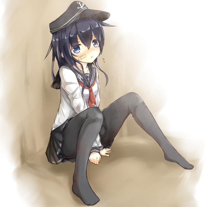 10s, 1girl, akatsuki_(kancolle), bandaid, blue_eyes, blue_hair, blush, female_focus